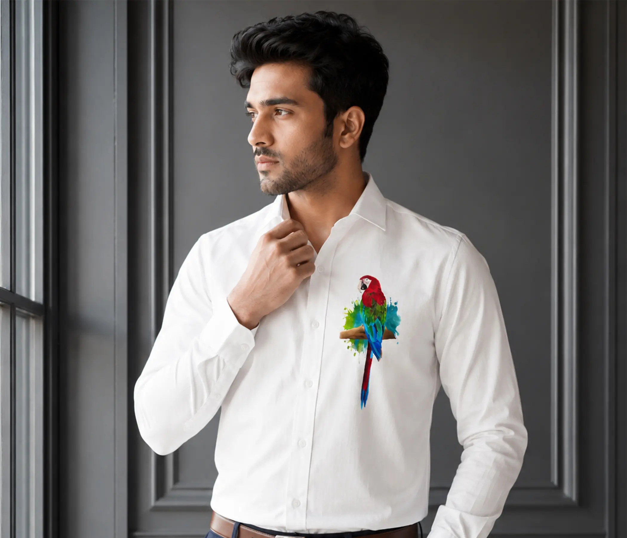 Mens Collection – Pure White Hand-Painted Macaw Shirt for Perfect Mens Wear